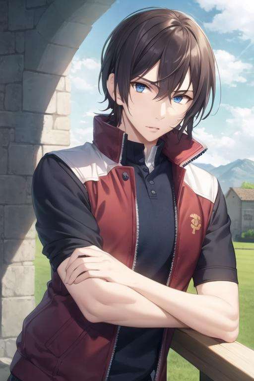 masterpiece, best quality, game cg, 1boy, solo, male focus, looking at viewer, upper body, depth of field, <lora:ren_amaki:0.66>, ren_amaki, black hair, blue eyes, rugby shirt, homburg, The Valley of the Damned, High resolution