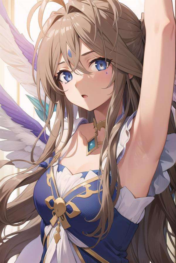 belldandy, <lora:belldandytest:1>, belldandy, long hair, blue eyes, brown hair, facial mark, forehead mark,BREAK gloves, wings, choker, fingerless gloves, bracelet, ring, feathers, angel wings, BREAK looking at viewer,BREAK indoors, classroom,BREAK <lora:GoodHands-vanilla:1>, (masterpiece:1.2), best quality, high resolution, unity 8k wallpaper, (illustration:0.8), (beautiful detailed eyes:1.6), extremely detailed face, perfect lighting, extremely detailed CG, (perfect hands, perfect anatomy),