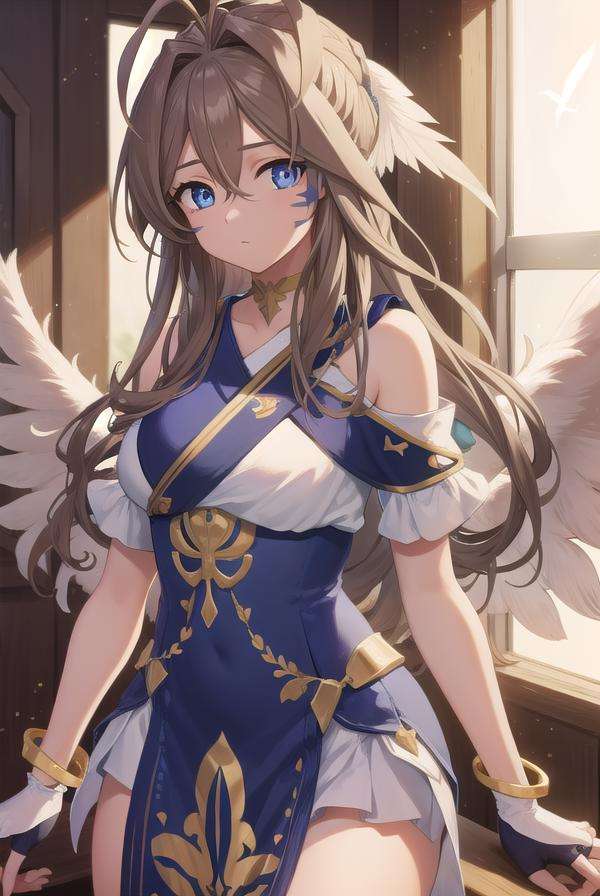 belldandy, <lora:belldandytest:1>, belldandy, long hair, blue eyes, brown hair, facial mark, forehead mark, mature female,BREAK gloves, wings, choker, fingerless gloves, bracelet, ring, feathers, angel wings, BREAK looking at viewer,BREAK indoors, classroom,BREAK <lora:GoodHands-vanilla:1>, (masterpiece:1.2), best quality, high resolution, unity 8k wallpaper, (illustration:0.8), (beautiful detailed eyes:1.6), extremely detailed face, perfect lighting, extremely detailed CG, (perfect hands, perfect anatomy),