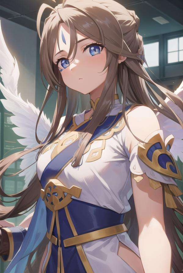 belldandy, <lora:belldandytest:1>, belldandy, long hair, blue eyes, brown hair, facial mark, forehead mark, mature female,BREAK gloves, wings, choker, fingerless gloves, bracelet, ring, feathers, angel wings, BREAK looking at viewer,BREAK indoors, classroom,BREAK <lora:GoodHands-vanilla:1>, (masterpiece:1.2), best quality, high resolution, unity 8k wallpaper, (illustration:0.8), (beautiful detailed eyes:1.6), extremely detailed face, perfect lighting, extremely detailed CG, (perfect hands, perfect anatomy),