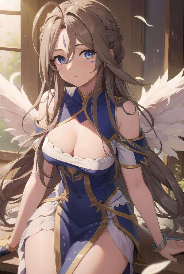 belldandy, <lora:belldandytest:1>, belldandy, long hair, blue eyes, brown hair, facial mark, forehead mark, mature female,BREAK gloves, wings, choker, fingerless gloves, bracelet, ring, feathers, angel wings, BREAK looking at viewer,BREAK indoors, classroom,BREAK <lora:GoodHands-vanilla:1>, (masterpiece:1.2), best quality, high resolution, unity 8k wallpaper, (illustration:0.8), (beautiful detailed eyes:1.6), extremely detailed face, perfect lighting, extremely detailed CG, (perfect hands, perfect anatomy),