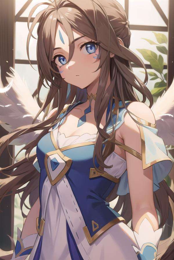 belldandy, <lora:belldandytest:1>, belldandy, long hair, blue eyes, brown hair, facial mark, forehead mark,BREAK gloves, wings, choker, fingerless gloves, bracelet, ring, feathers, angel wings, BREAK looking at viewer,BREAK indoors, classroom,BREAK <lora:GoodHands-vanilla:1>, (masterpiece:1.2), best quality, high resolution, unity 8k wallpaper, (illustration:0.8), (beautiful detailed eyes:1.6), extremely detailed face, perfect lighting, extremely detailed CG, (perfect hands, perfect anatomy),