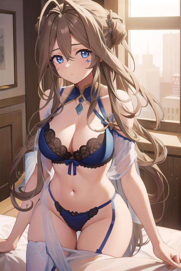 belldandy, <lora:belldandytest:1>, belldandy, long hair, blue eyes, brown hair, facial mark, forehead mark, mature female,BREAK lingerie,BREAK looking at viewer,BREAK indoors, bed,BREAK <lora:GoodHands-vanilla:1>, (masterpiece:1.2), best quality, high resolution, unity 8k wallpaper, (illustration:0.8), (beautiful detailed eyes:1.6), extremely detailed face, perfect lighting, extremely detailed CG, (perfect hands, perfect anatomy),