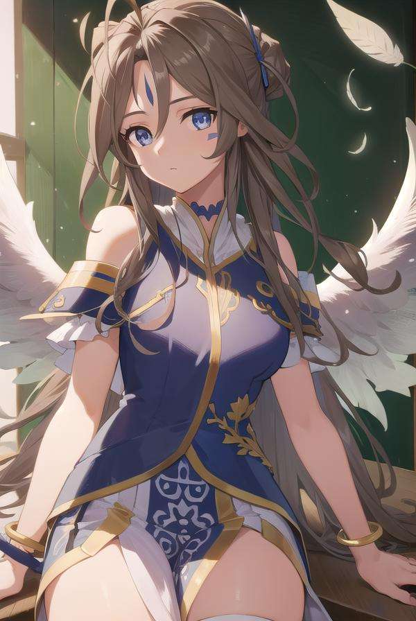 belldandy, <lora:belldandytest:1>, belldandy, long hair, blue eyes, brown hair, facial mark, forehead mark,BREAK gloves, wings, choker, fingerless gloves, bracelet, ring, feathers, angel wings, BREAK looking at viewer,BREAK indoors, classroom,BREAK <lora:GoodHands-vanilla:1>, (masterpiece:1.2), best quality, high resolution, unity 8k wallpaper, (illustration:0.8), (beautiful detailed eyes:1.6), extremely detailed face, perfect lighting, extremely detailed CG, (perfect hands, perfect anatomy),