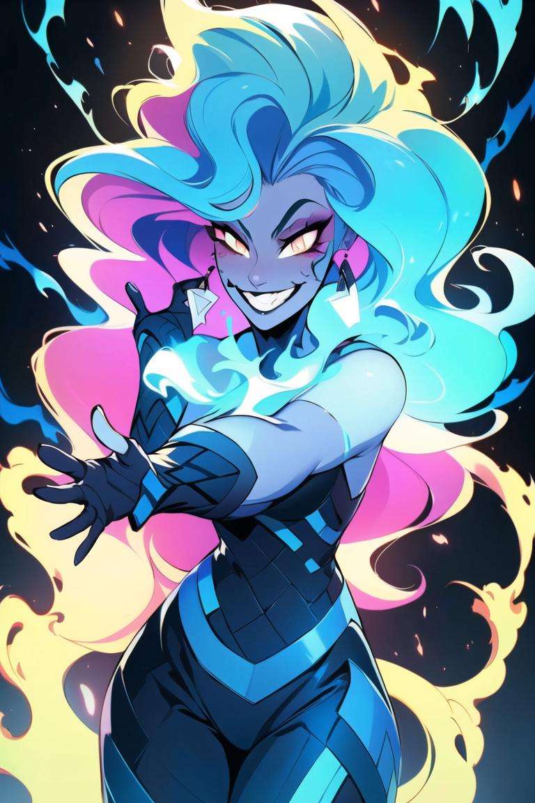 ((masterpiece,best quality)), absurdres, <lora:Rule63_Hades_Disney:0.6>, Rule63_Hades_Disney, smug, fiery hair, blue fire, glowing, neon, solo, smiling, looking at viewer, cowboy shot, cinematic composition, dynamic pose