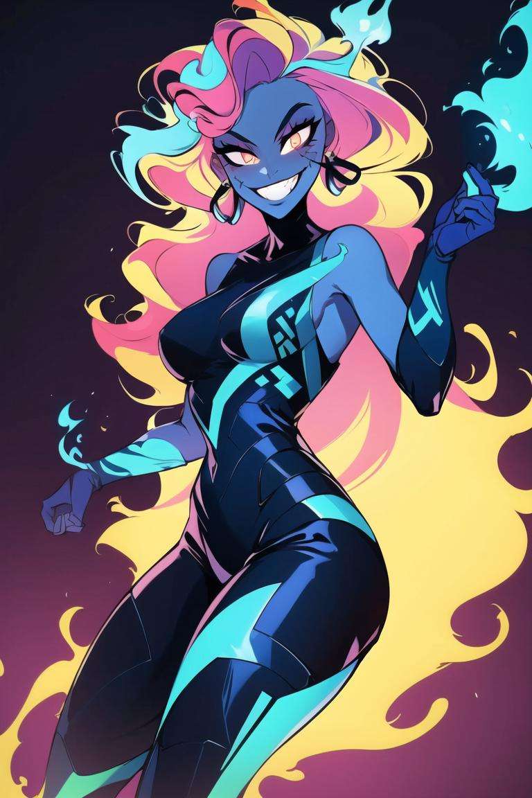 ((masterpiece,best quality)), absurdres, <lora:Rule63_Hades_Disney:0.6>, Rule63_Hades_Disney, smug, fiery hair, blue fire, glowing, neon, solo, smiling, looking at viewer, cowboy shot, cinematic composition, dynamic pose