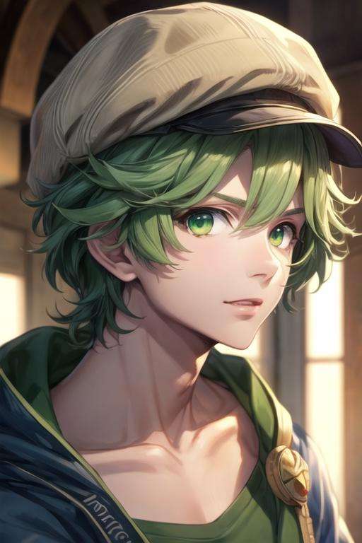 masterpiece, best quality, photorealistic, 1boy, solo, male focus, looking at viewer, upper body, depth of field, <lora:itsuki_kawasumi:0.74>, itsuki_kawasumi, green eyes, green hair, t-shirt, newsboy cap, ,