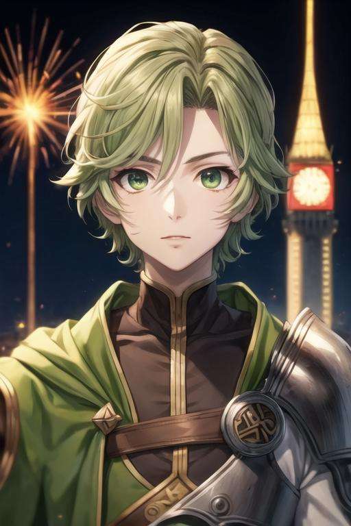 masterpiece, best quality, wallpaper, 1boy, solo, male focus, looking at viewer, , depth of field, <lora:itsuki_kawasumi:0.66>, itsuki_kawasumi, green eyes, green hair, leprechaun costume, The Tower of Shadows, 4k resolution