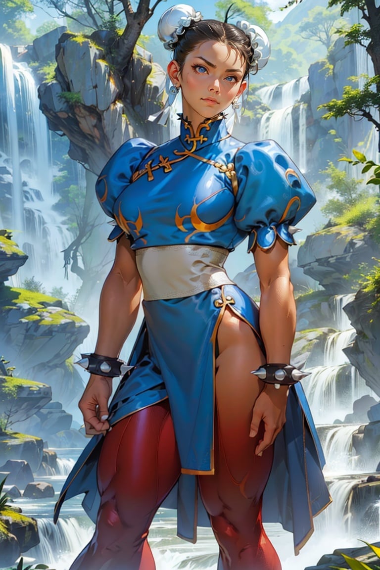 1girl, sf2cl, hair buns, blue chinese dress, double bun hairstyles, white belt, brown leggings, long white boots,  at the mountains, waterfall, trees, puffy sleeves, spiked bracelets, thick legs,  masterpiece, highness, perfect face, perfect picture, detailed eyes  <lora:SF2CL-000004:0.92> SFW