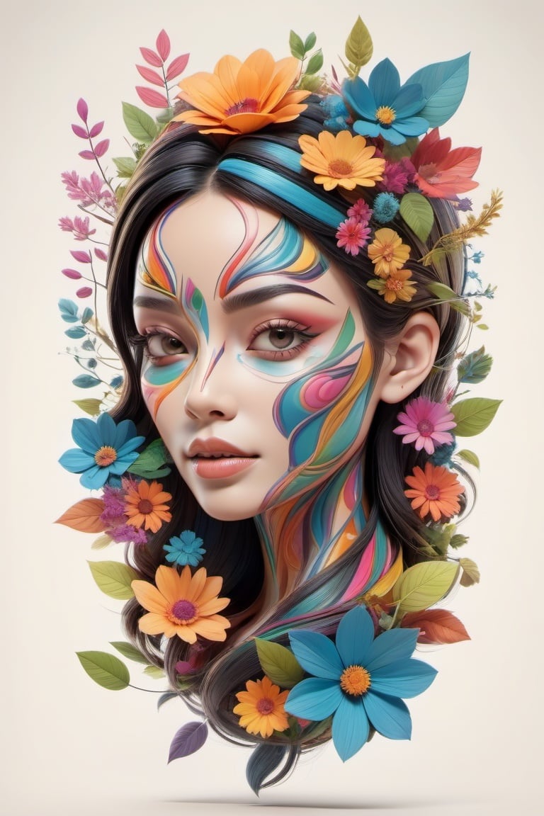 3d toon style, an abstract colorul face, leafes, trees, flowers, veins, bones