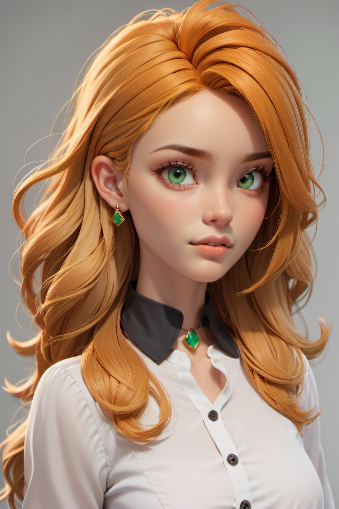 3d toon style, 1girl, solo, shirt, green eyes, looking at viewer, white shirt, jewelry, earrings, buttons, upper body, lips, collared shirt, eyelashes, stud earrings, blonde hair, grey background, closed mouth, orange hair, nose, simple background