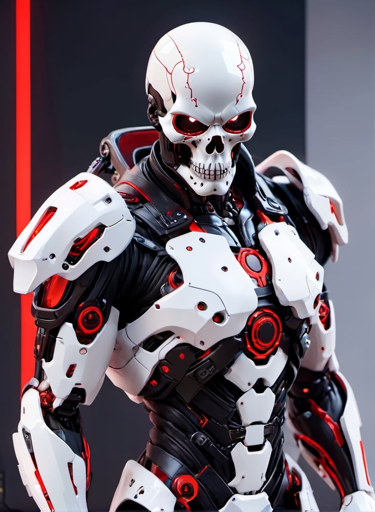 A Hi-Tech cyberpunk style white black red skull suit, Custom design, shining body, glowing look, full shining suit, body, hues.,steampunk style,cyberpunk style,mecha, perfect custom Hi-Tech suit, holding sword, weapon master, Hi-Tech belt, muscular body suite, looking back, ,cyberpunk