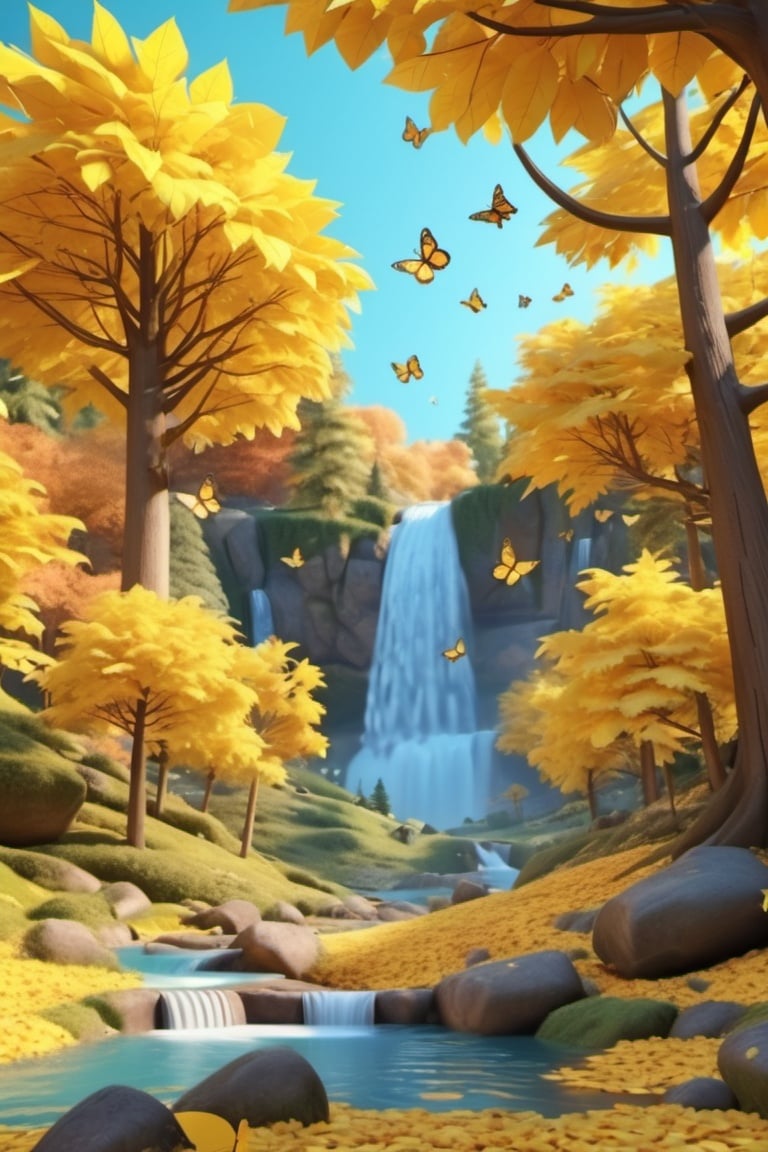 3d toon style, , 3d rendering style,Forest with falling yellow leaves, flying butterflies,waterfalls