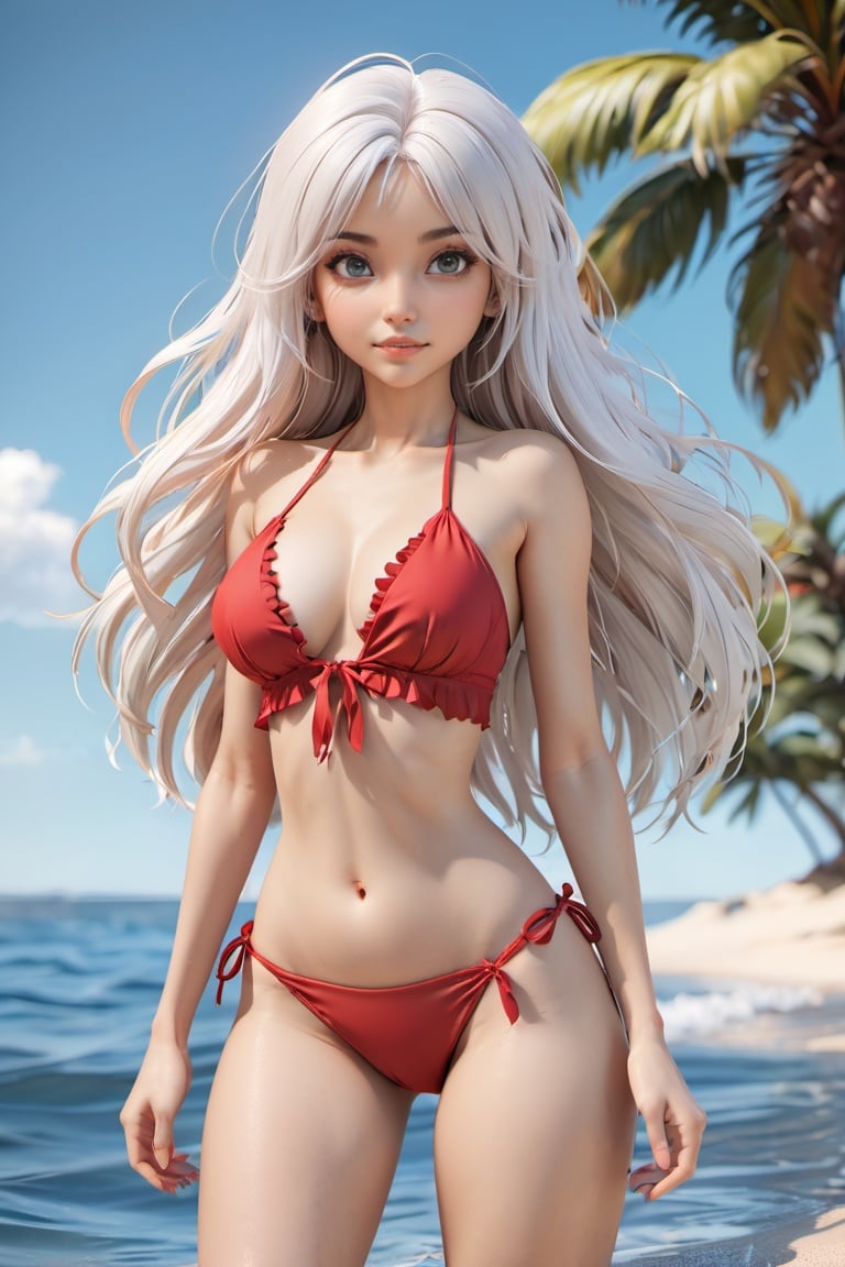 3d toon style,3d render style,1girl,solo, beach, frill bikini, palm tree, water, red bikini, long hair, white hair, black hair, split color hair, medium breasts, side tie bikini bottom