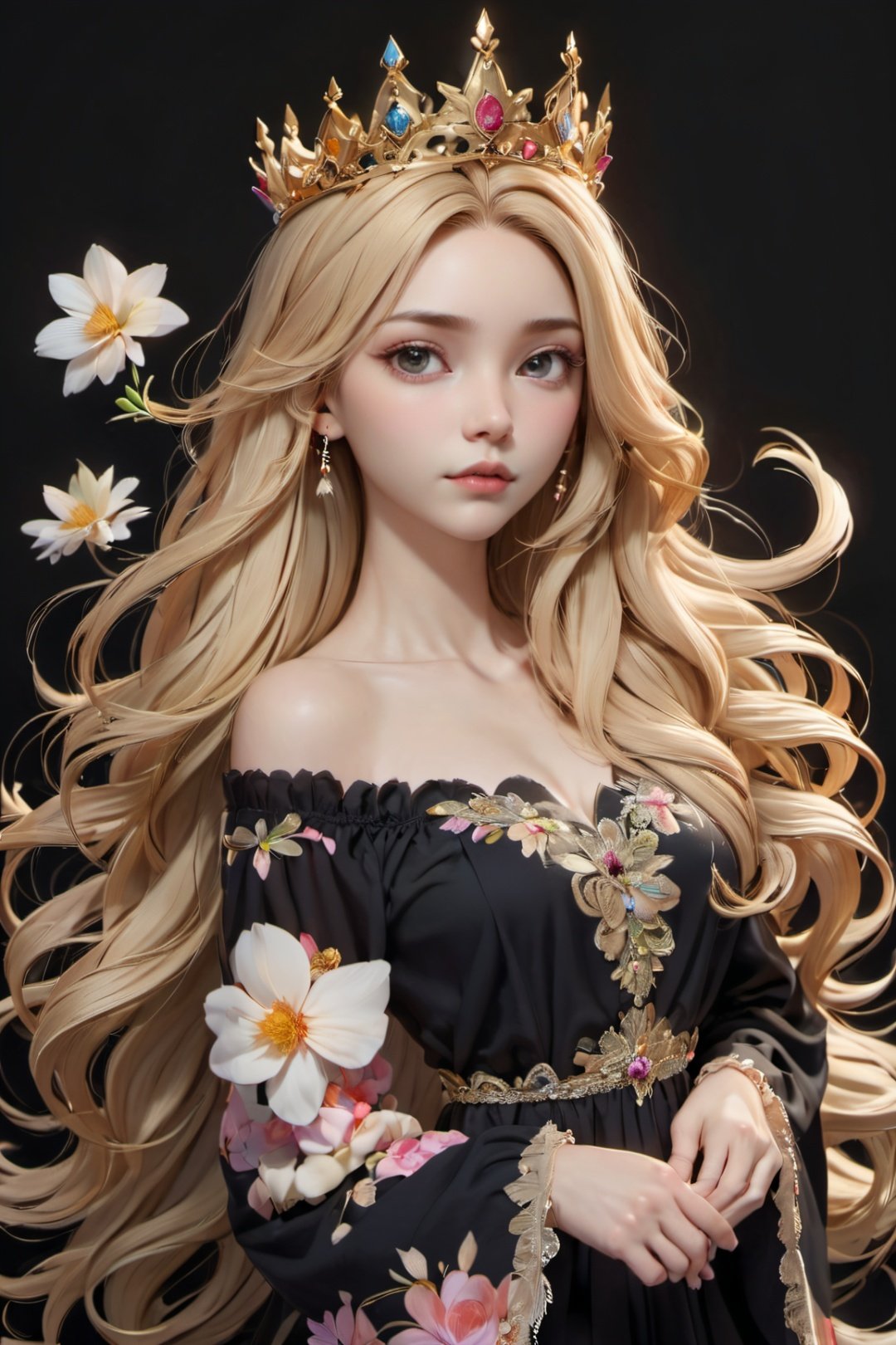 black background, long hair, solo, parted lips, crown, lips, flower, 1girl, upper body, blonde hair, dress, looking at viewer
