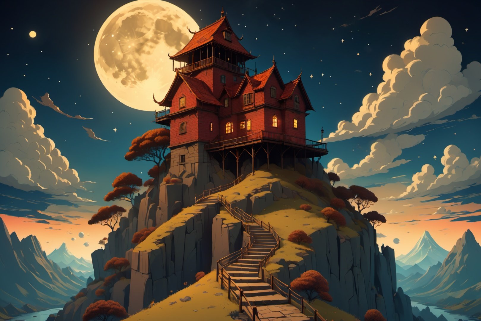 An gothic watchtower in the top of the mountain ,night with stars and moon with clouds infographic with illustrations, ships coming, dark and gloomy weather, creatures goes tower, by victo ngai, kilian eng vibrant colours, dynamic lighting, digital art, winning award masterpiece, fantastically beautiful, illustration, aesthetically inspired by beksinski and dan mumford, trending on artstation, art by greg rutkowski, 4k, 8k, higly detailed,Leonardo Style,ink scenery,3d render style, 3d toon style