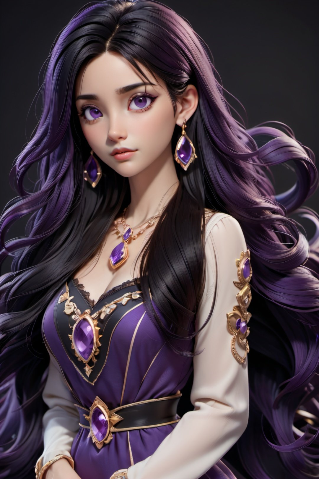 3d toon style, 1girl, long hair, solo, purple eyes, jewelry, earrings, black hair, looking at viewer, upper body, breasts, closed mouth, sash, black background, bangs, long sleeves, lips