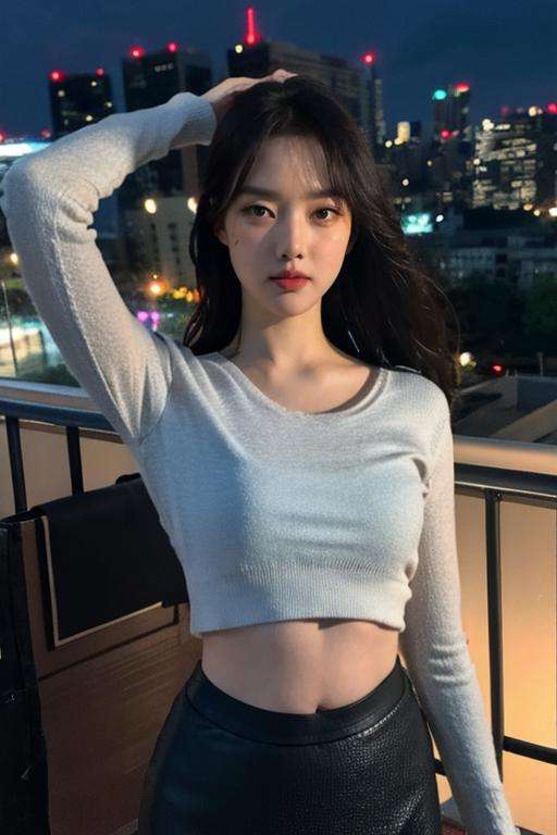 Fujifilm XT3, 8k,close up photo, masterpiece, best quality, (((1girl))), solo,realistic, ((looking at viewer)), photorealistic, (extremely detailed face), looking at viewer, ((ultra-detailed eyes and pupils)), ultra detailed, serious expression, cropped top,shirts, (standing against a city skyline at night), (rooftop), Suit skirt, ((navel)), arms behind back,<lora:yerinlorashy:0.85>