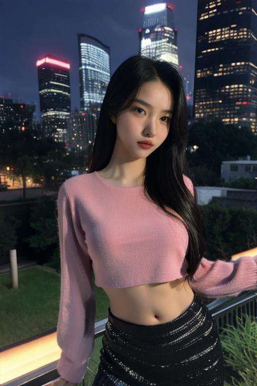 Fujifilm XT3, 8k,close up photo, masterpiece, best quality, (((1girl))), solo,realistic, ((looking at viewer)), photorealistic, (extremely detailed face), looking at viewer, ((ultra-detailed eyes and pupils)), ultra detailed, serious expression, cropped top,shirts, (standing against a city skyline at night), (rooftop), Suit skirt, ((navel)), arms behind back,<lora:sowonlorashy:1>