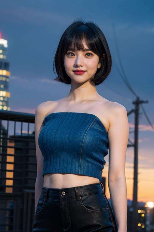 nikon RAW photo,8 k,Fujifilm XT3,close up photo, masterpiece, best quality, 1girl,solo,realistic, photorealistic, (extremely detailed face), ultra-detailed eyes and pupils, looking at viewer, ultra detailed, serious expression, standing against a city skyline at night,  sleeveless, tiny waist, big hip, smile, navel, (((arms behind back))), short hair, bangs, <lora:eunhalorashy:0.85>