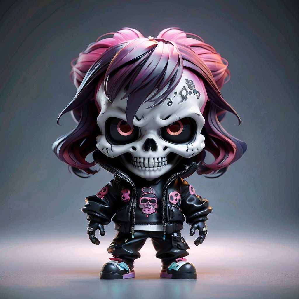 portrait of a grungy skull anime and chibi very cute doll by super ss, cyberpunk fashion, nendoroid, kawaii, cyberpunk fashion, character modeling, maximalist sculpted design, toy design, substance 3 d painter, vray, soft vinyl, trending in artstation