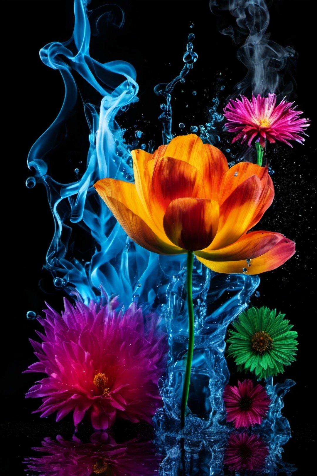 water, flower, smoke, no humans, black background, gradient background,