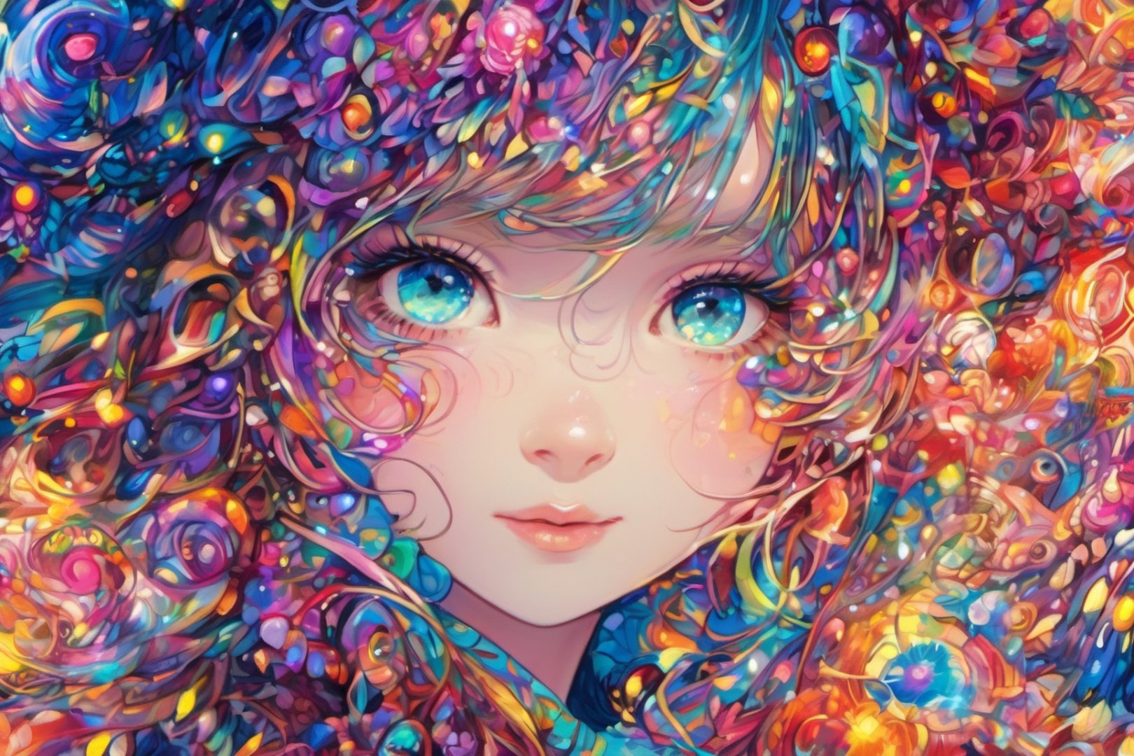 anime girl, (((masterpiece))), (((intricate details))), (((best quality))), eyes focus, detailed eyes, beautiful eyes, colorful eyes, unique eyes, 1girl, scenery, fine, super-fine illustration, vibrant colors, unique, out of this world artwork, number one artwork, artwork that sell high in auction, priceless artwork, fireworks of colors, unlimited colors, abstract, ,Magical Fantasy style