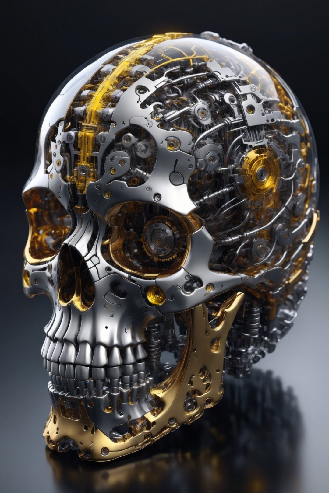 figure of biomechanical cyborg skull made of glass, transparent, see-through intricated interal mechanical metal part, metal array, hi-tech, sci-fi, difficult, chip, circuit, post-production, elegan, black and yellow, shadow:0.3, high_res,cyborg style