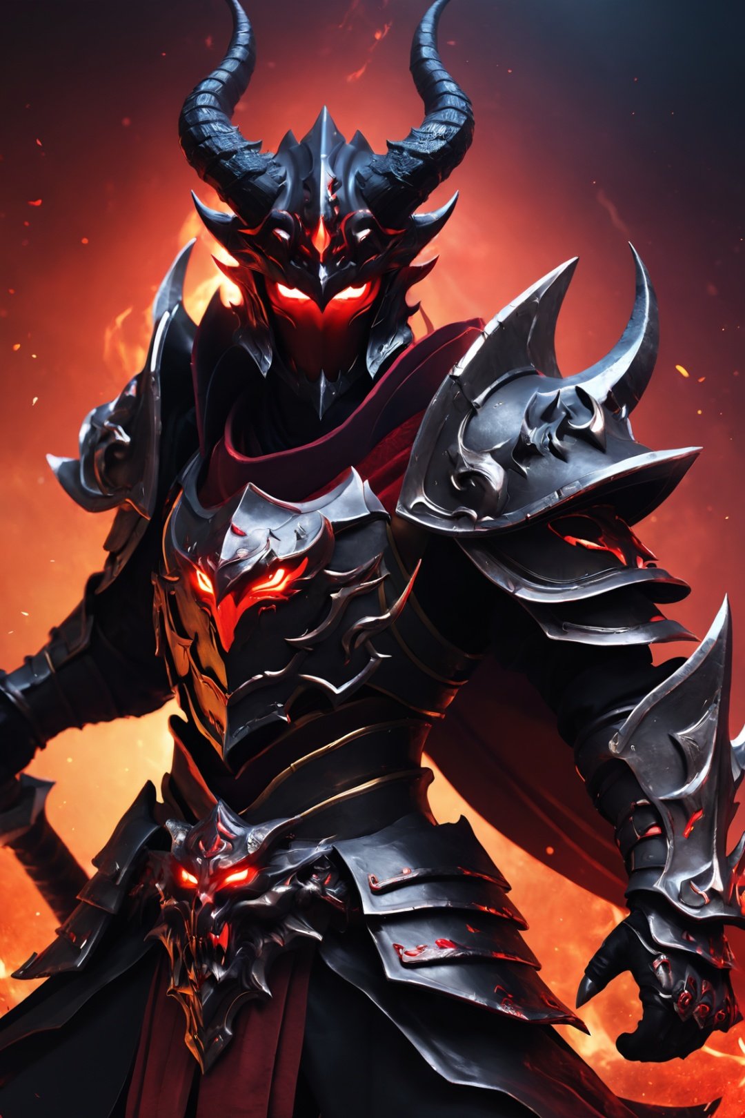 (masterpiece, top quality, best quality, official art, beautiful and aesthetic), 1boy, male, fully armored, masked, blood magic, draconic armor, red and black color scheme, glowing eyes, red demonic horns, demon god, demon king, red eyes, epic, demonic halo, (dynamic angle), abyssal, splash art, highest definition, dark background, gradient background