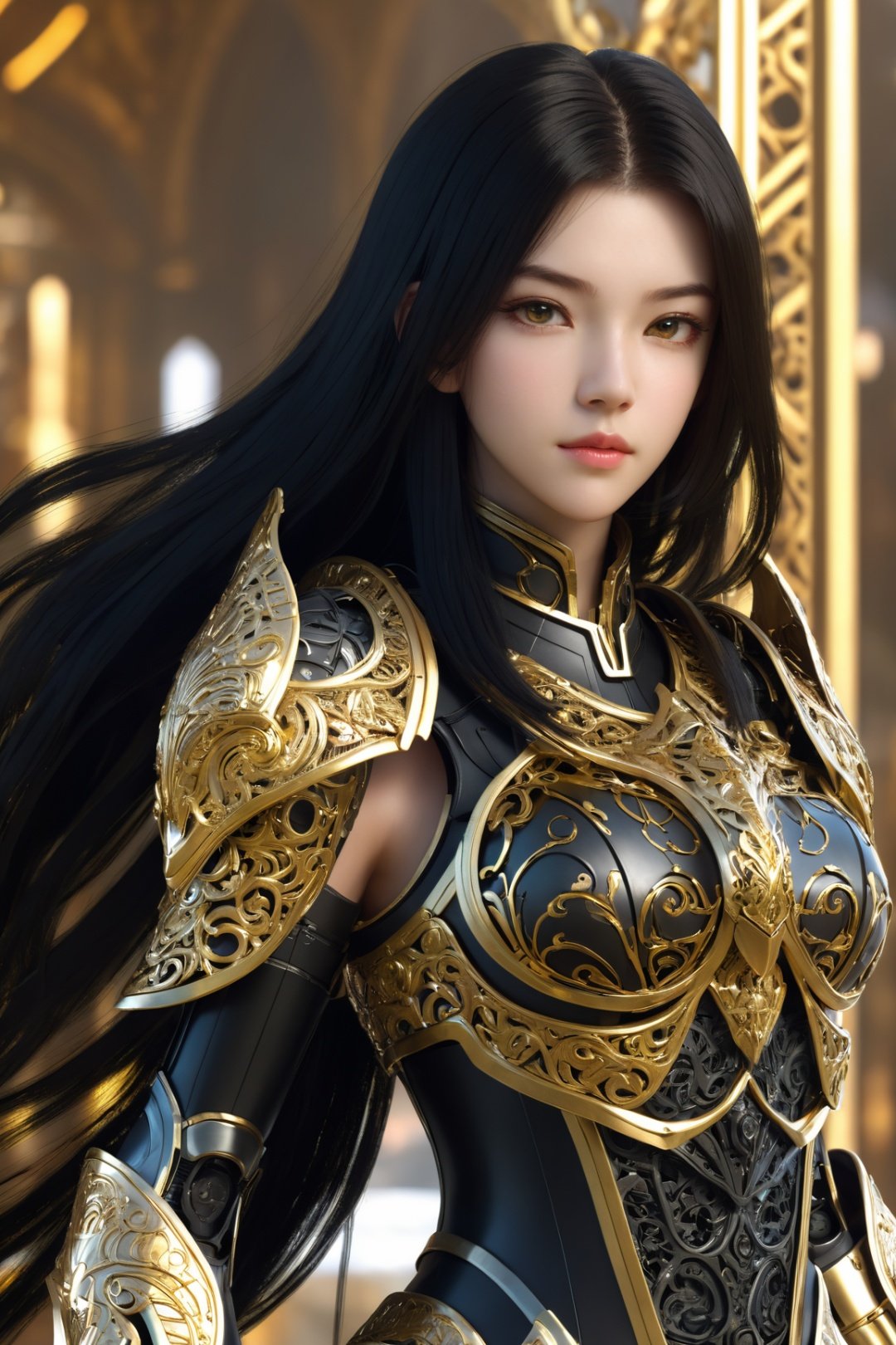 front_view, (1girl, looking at viewer), black long hair, mechanical_armor, intricate armor, delicate golden filigree, intricate filigree, black metalic parts, detailed part, dynamic pose, abstrac background, dynamic lighting