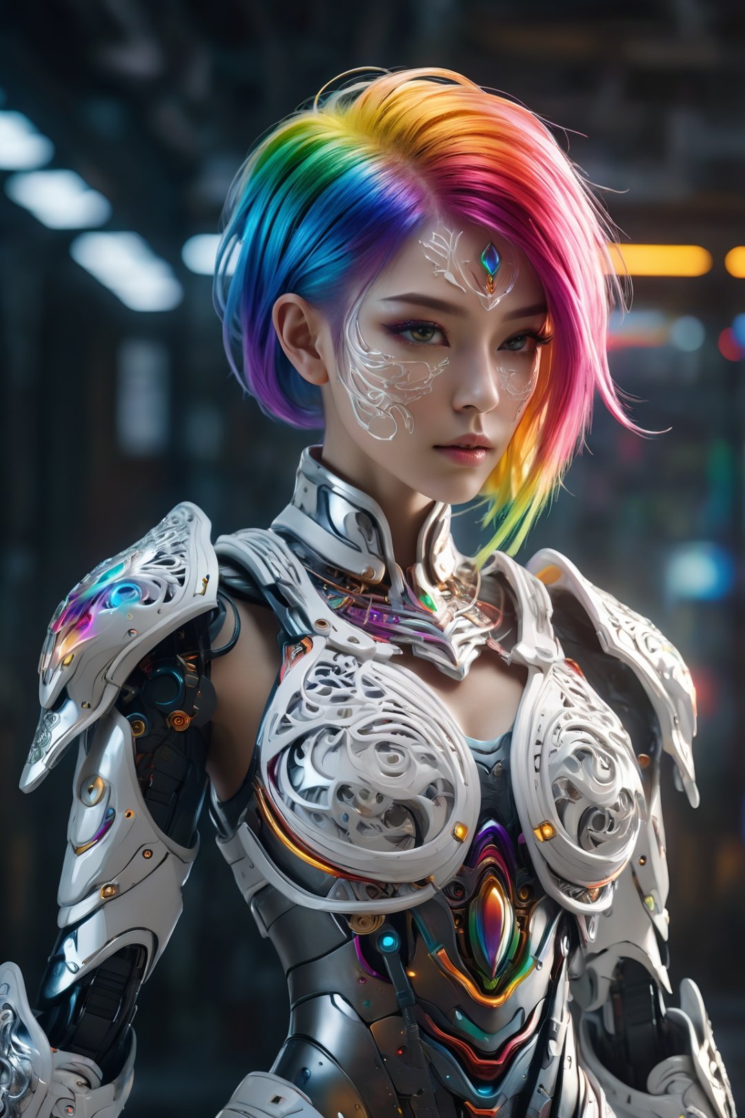 surreal photography of a stunning beautiful cyborg female, rainbow hair, huge breast, (beauty and detailed armor), embraced, delicate white filigree, intricate filigree, glowing, navel, highly detailed, intricate detailed, face symmetry, masterpiece, award-winning, sharp focus, concept art, low key, 8k, uhd, low key, octane render
