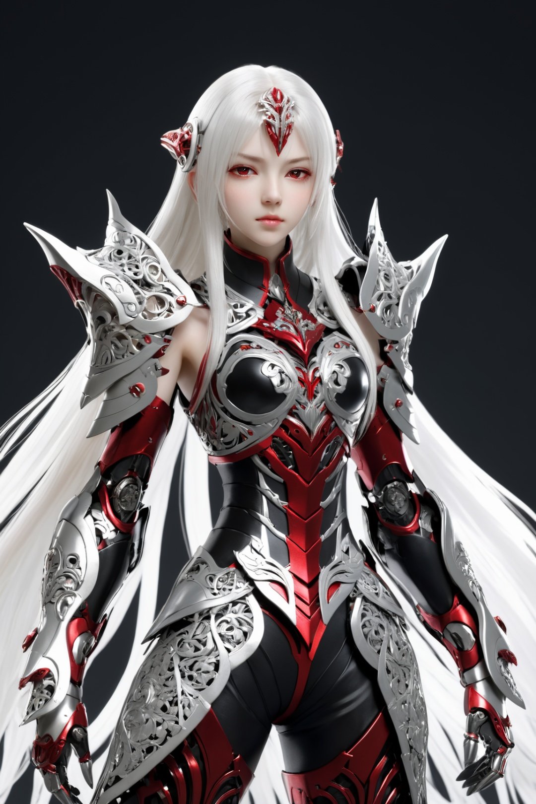 front_view, (1girl, looking at viewer), white long hair, black metalic mechanical_armor, dynamic pose, delicate white filigree, intricate filigree, red metalic parts, intricate armor, detailed part