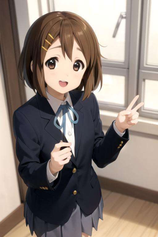 (((picture perfect))), 1girl, solo, <lora:yui-kon:0.8>, yui hirasawa, school uniform, jacket, looking at viewer, smile, :d, open mouth