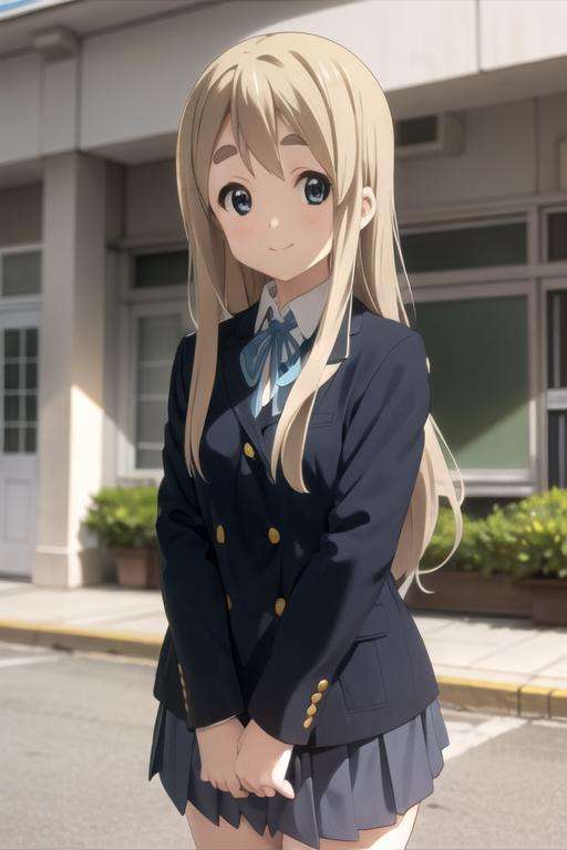 (((picture perfect))), 1girl, solo, <lora:mugi-kon:0.8>, tsumugi kotobuki, school uniform, jacket, looking at viewer, smile, v arms