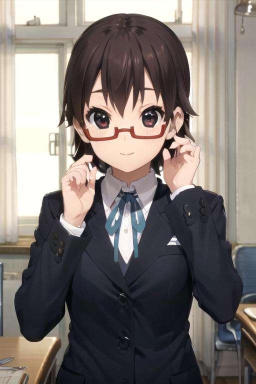 (((picture perfect))), 1girl, solo, <lora:nodoka-kon:0.8>, nodoka manabe, school uniform, jacket, looking at viewer, smile, adjusting glasses