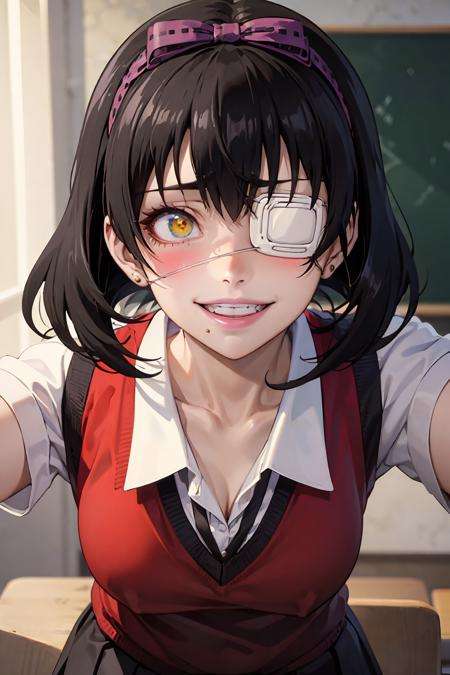 (best quality:1.1), (masterpiece:1.4), (absurdres:1.0), portrait, close-up1girl, ikishima midari, short hair, black hair, eyepatch, looking at viewer, red school uniform,  black skirt, classroom, smile, (metal studs), red sweater,<lora:Kizuki - Kakegurui - Ikishima Midari:0.95>