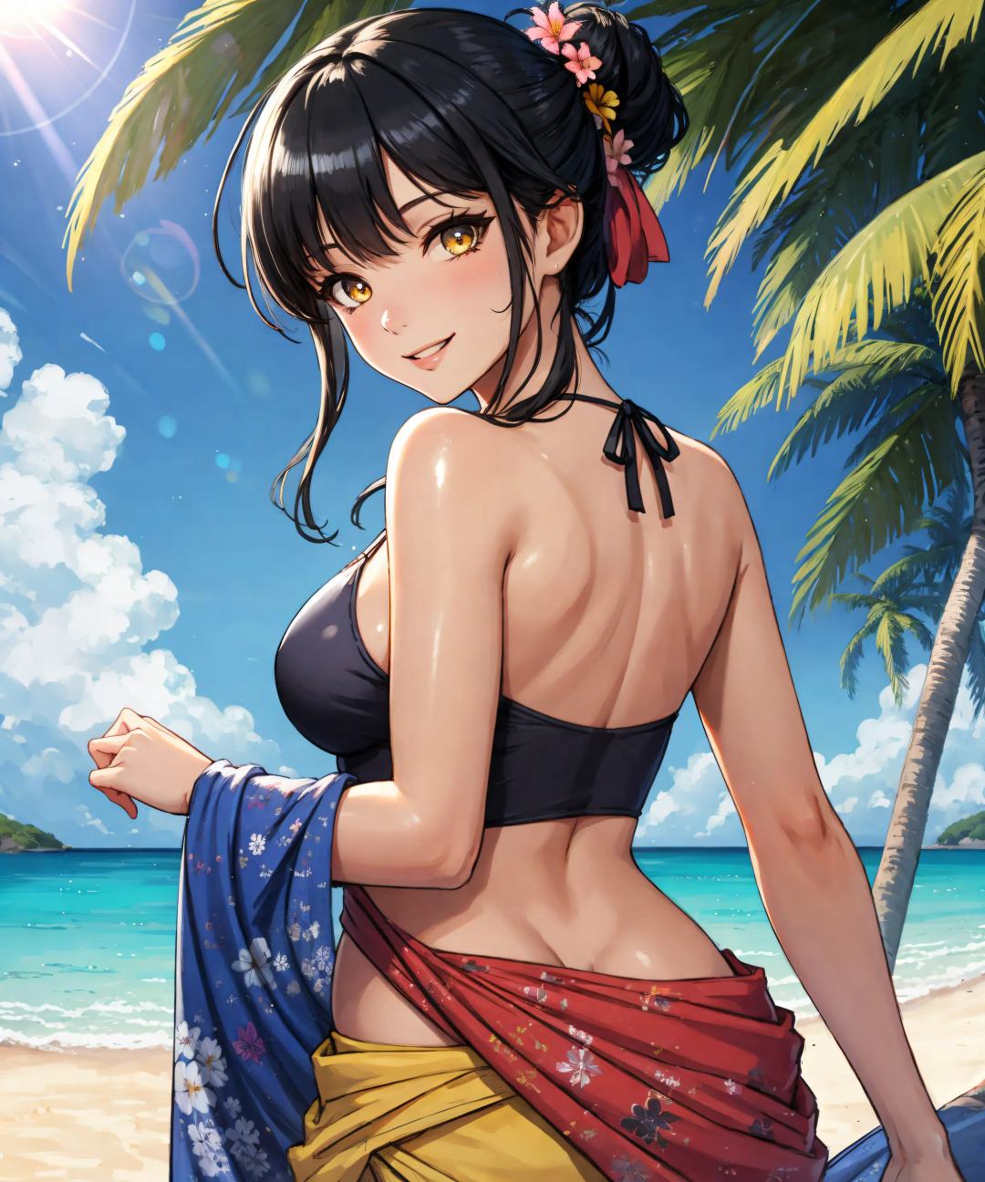 (Masterpiece, Best Quality:1.3), absurdres, (8k resolution), upper body, adult, mature female, looking at viewer, frilled swimsuit, (sarong:1.2), floral print, (detailed face, detailed eyes:1.2), black hair, half updo, sidelocks, bangs, yellow eyes, (from behind, looking back), (shiny skin:1.2), smile, light blush, ((cowboy shot)), (details:1.2), (depth of field), high quality, tropical, beach, sunlight