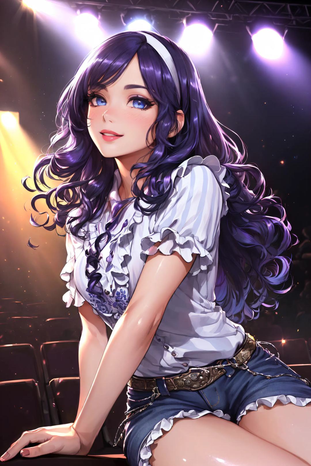 (Masterpiece, Best Quality:1.3), absurdres, (8k resolution), full body, full angle view, illustration, adult, beautiful, mature female, looking down, (shirt, print shirt, shorts, from below, (sitting, crossed legs, seductive smile, looking up, idol outfit, frills,  perfect female figure, (solo), striped, (detailed face, detailed eyes:1.2), wind lift, lipstick, shimmer, headband, curly hair, parted lips, purple hair, long hair, wavy hair. reflection, medium breasts, symmetrical, delicate features, sidelocks, ((fringe trim)), blue eyes, (shiny skin:1.2), hand up, light blush, ((cowboy shot)), (details:1.2), (depth of field),(beautiful detailed face), dark theme, high quality, sunlight, hyperrealistic, (extremely detailed), ((depth of field)), fantastic composition, indoors, (concert, stage lights), bloom:0.6,  (highly detailed), floating particles