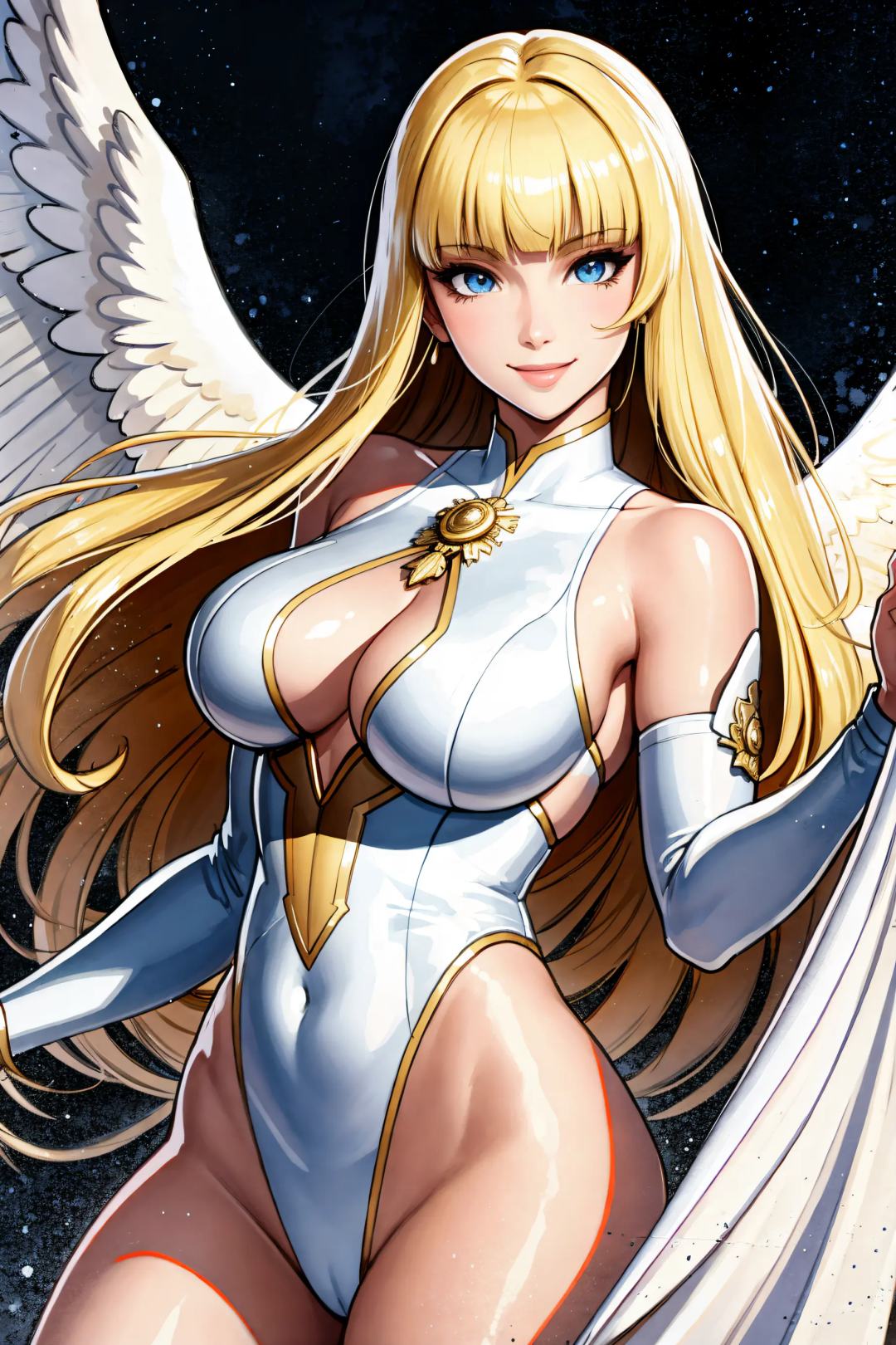 (Masterpiece, Best Quality:1.3), absurdres, (8k resolution), illustration, ((outline, thick lineart)), (faux traditional media:1.3), looking at viewer, heavenly queen, angel wings, white and gold, light theme, (standing), serious, tsurime, (mature female:1.2), adult, fighting stance, balancing, claws, metallic skin, soft skin, ((light smile)), (angelic, elegant:1.2), (solo), (backlighting), (detailed face, detailed eyes:1.2), fashion, stylish, pitch (blonde hair:1.3), (very long hair), reflection, long sidelocks, ((blunt bangs)), blue eyes, (shiny), ((cowboy shot)), (details:1.2), (depth of field), (beautiful face), high quality, [ayami kojima:0.3], (extremely detailed), fantastic composition, (highly detailed), psychedelic, graphite \(medium\), white background, cloud print, cloud, [bloom:0.4]