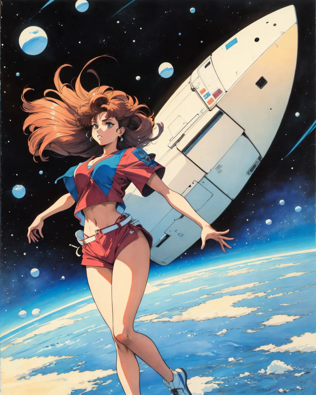 (Masterpiece, Best Quality), highres, (8k resolution), retro artstyle, 1980s \(style\), illustration, official art, (Traditional Media:1.2), ((2d)), Manga, (Ultra-detailed), 1girl, solo, beautiful, floating hair, perfect female figure, space, depth of field