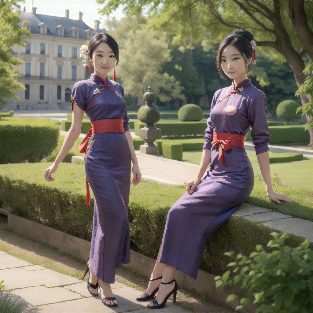 Purple Linen qipao, perfect face, with an intricate french palace background including the garden