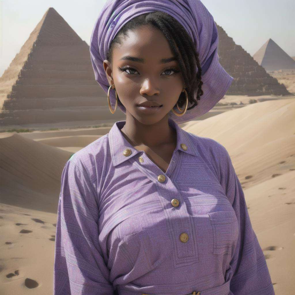 Lavender Cotton Nigerian Ankara Styles , perfect face, with an intricate pyramid and desert background 