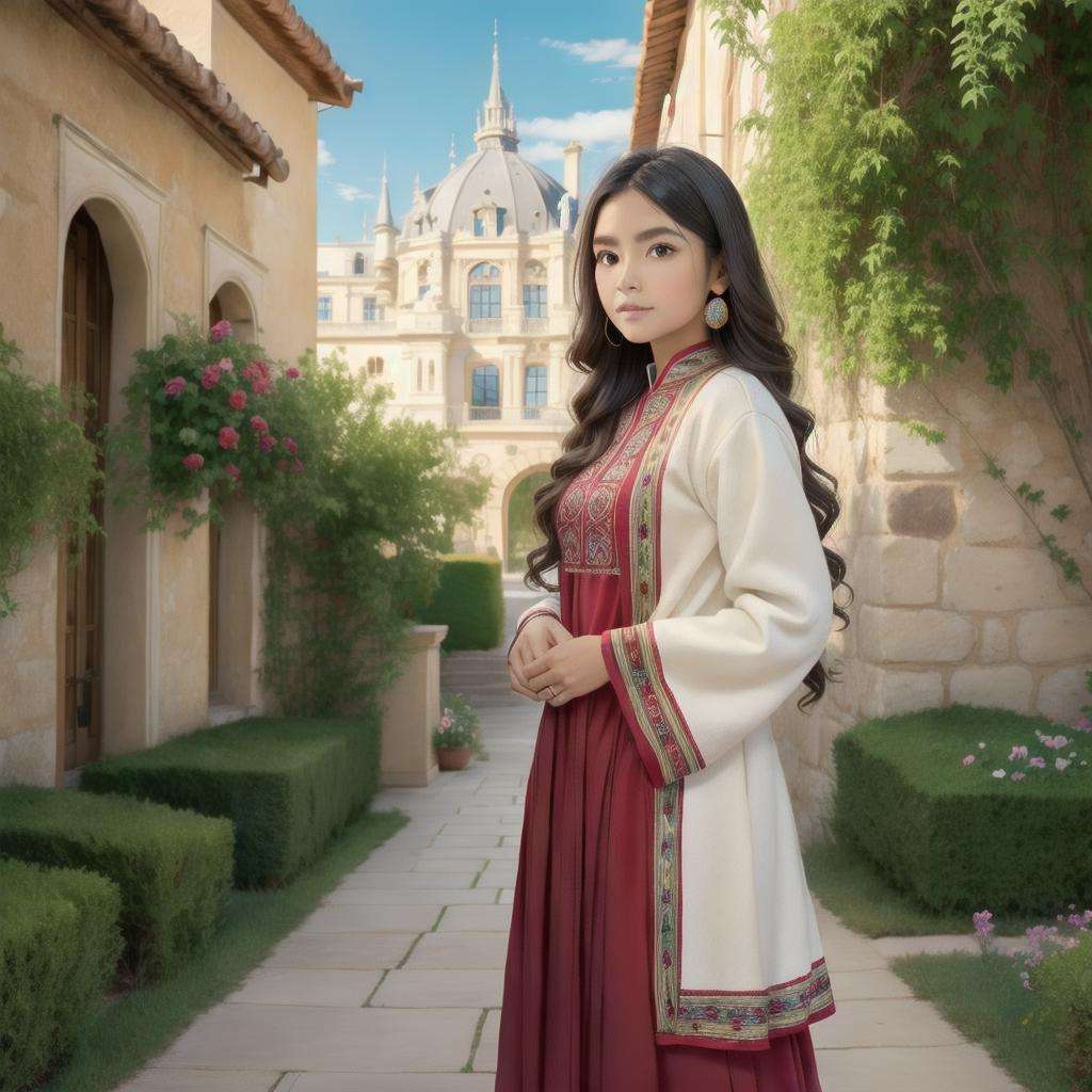 Smaragdine Wool Navajo Traditional Dress , perfect face, with an intricate french palace background including the garden