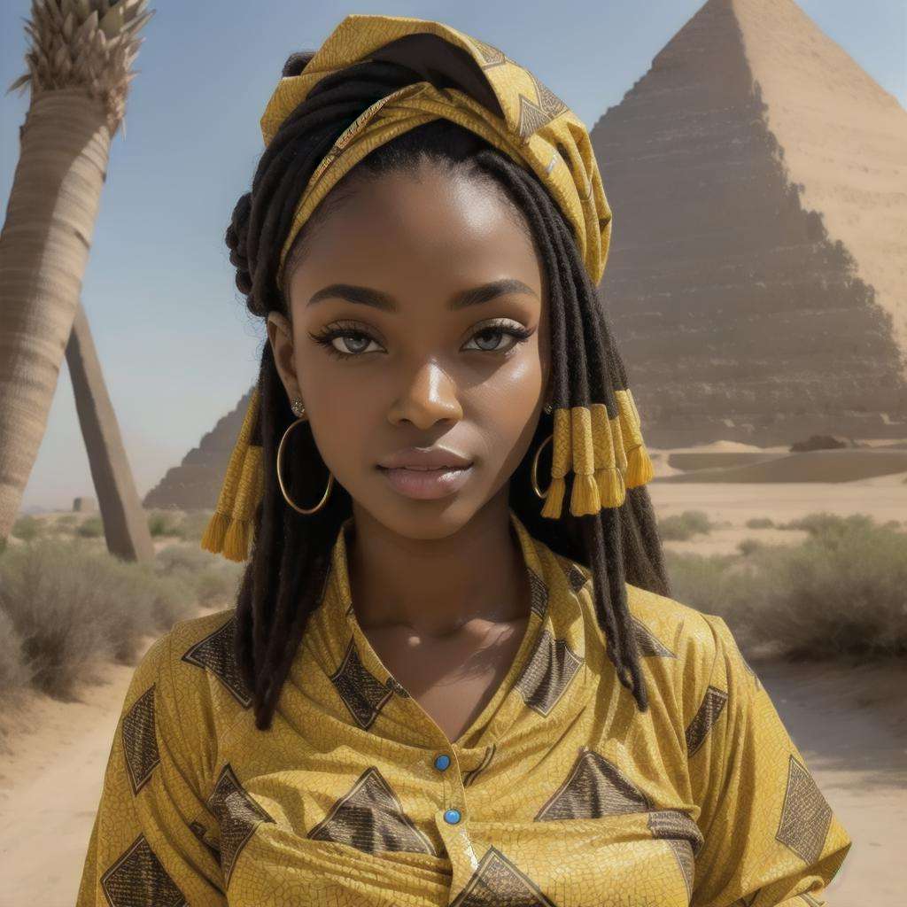 Smaragdine Silk Nigerian Ankara Styles , perfect face, with an intricate pyramid and desert background 