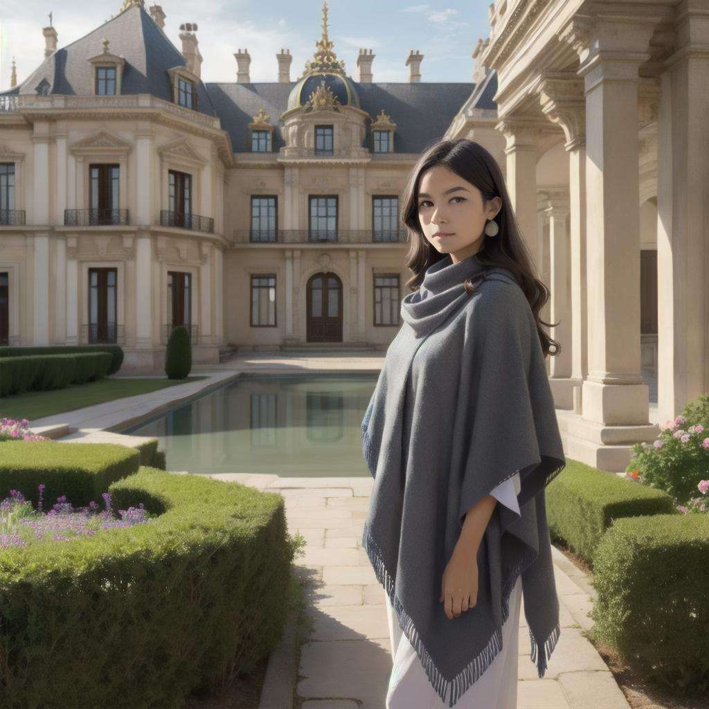 Smaragdine Wool Peruvian Andean Poncho , perfect face, with an intricate french palace background including the garden