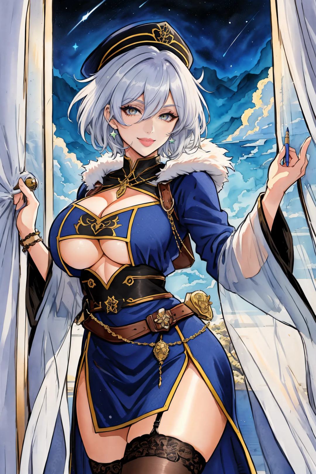 Masterpiece, (((highres)), solo, Tradtional Media, Manga, watercolor \(medium\), ballpoint pen \(medium\),  Portrait, ((mature woman)),  dynamic_pose, alternate costume, ((lips)), hat ornament, eyeliner, [cleavage], [curvy], (adapted costume), (white outline), bangs, short, blue gemstone, single thighhigh, detached sleeves,  sleeves, family crest, fabric, fur-trimmed jacket, texture, star print, pauldrons, transparent curtains, patterned, atmosphere, sharp focus, (depth of field), (scenery), stars, skylight, nature, (underboob), from_below), dutch angle, clothing cutout, embroidery, ribbon trim,  shiny skin, gloss, expressive hair, hair between eyes, (jabot), chain, determined, (gradient eyes), village , hatching \(texture\), seductive smile, (short hair short hair with long locks), satchel, strap, magic