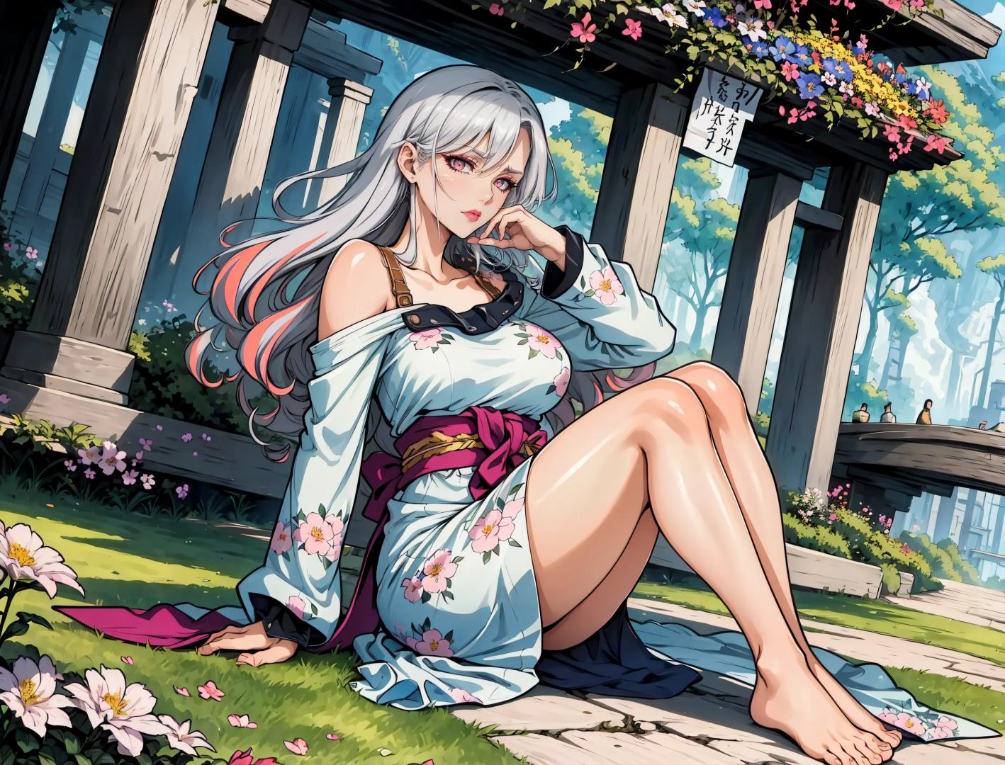 (Masterpiece, Best Quality), highres, (8k resolution wallpaper), (Traditional Media:1.2), dutch angle, Manga,  upper, body, mature female, perfect face, (detailed face, detailed eyes), !, beautiful, perfect hand, outdoors, (details:1.2), spring, nature, flowers, dress,  sharp focus, shadow, depth of field, volumetric lighting, sunlight, day, full body, focus face, extremely detailed background, fantastic, (((perfect hand))), hand on own face, head rest