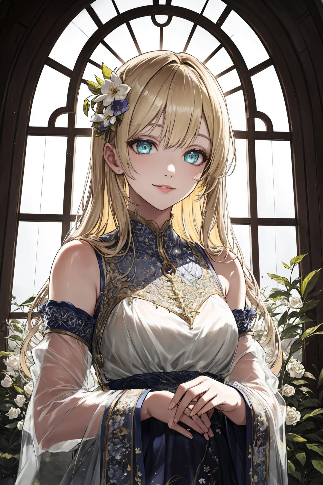 (Masterpiece), (Best Quality), (Ihafy style), Portrait, Ultra-detailed, 8k, official art, 1girl, solo, highres, soft lighting, (mature woman), (full lips), (outline), shiny, (powerful, expressive),  light smile, lovely, enchanting, gradient eyes,  light sparkles, see-through sleeves, blonde hair, bangs, hair ornament, iridescent, (scenery), [landscape], window, garden, dynamic, caustics, extremely detailed, textured, patterned, (intricate:1.2), depth of field, shadow, [bloom]