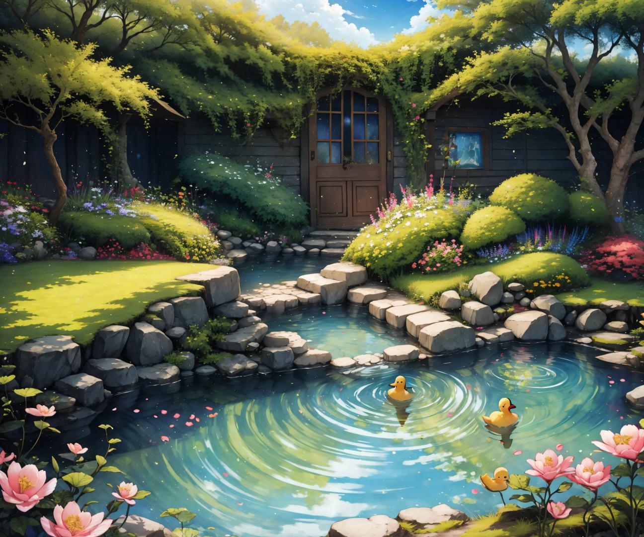 (Masterpiece, Best Quality:1.3), absurdres, (8k resolution), (2d), best illustration, (centered), cover, video game cover, retro artstyle, (solo), white vignetting, happy duck walking along a path, blush stickers, ^ ^, fantasy, cute, grass, tree, pond, blue sky, ((no humans)), (fluffy), fairytale, (beautiful), nature, bloom, natural lighting, perfect composition, (shallow depth of field), 85mm, (white background:0.7), extremely detailed