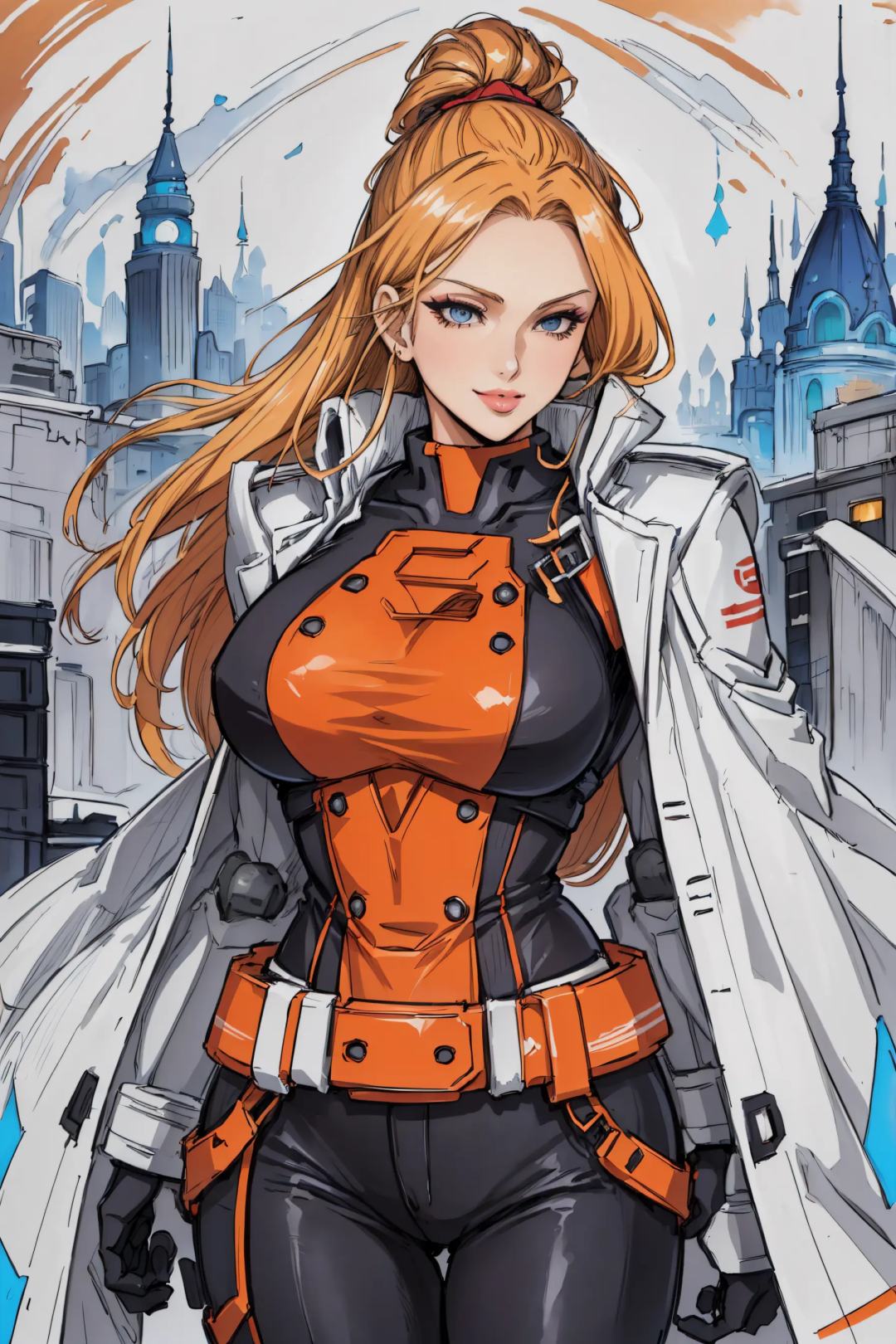 (masterpiece, best quality:1.4), highres, best illustration, (Traditional Media:1.2), Manga, 1980s \(style\),  (dynamic_angle:1.2), (dynamic_pose:1.2), an adult woman dressed in a stylish cosplay outfit, fantasy, standing on a rooftop with a colorful tron world in the background, Ayako Rokkaku, anime visual, an anime drawing, retrofuturism, official art, concept art, sots art, 2d, solo, (retro artstyle), (ultra-detailed), (best quality, highest quality), (ultra detailed), (barbariank:1.3), (8k, 4k, intricate), (Cowboy-shot:1.2), from below, full body view, (50mm), (highly detailed:1.2), (detailed face:1.2), (tomanattsu:0.5), (outline), upper body, (adult), dragon (woman), aged up, (mature female:1.3), beautiful,  robot, hand on face, Syracuse Orange hair, Prune eyes, (detailed deep eyes:1.2), light smile, [large breasts], (best shadow), gorgeous, ((lips)), long face, (nose), curvy, makeup, glossy lipstick, official alternate costume,< lora:90sAnimeAesthetic_v10:0.5>, <lora:gundamRX782OutfitStyle_v10:0.55>